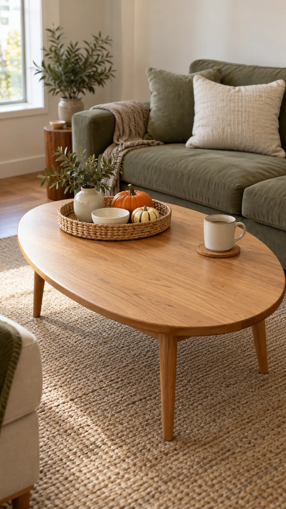 Natural autumn coffee table styling with a low tray and open drink space