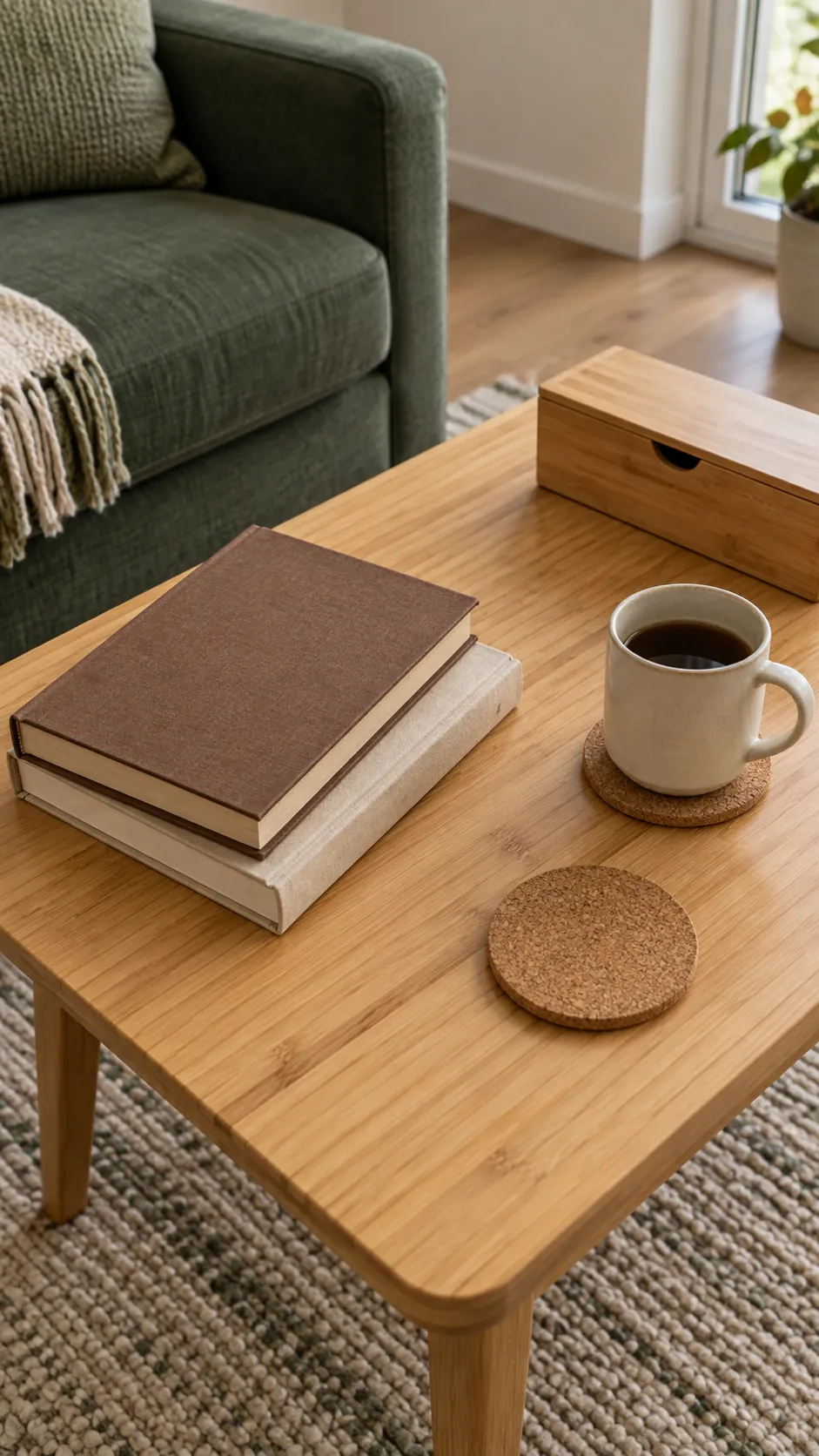 Everyday books and natural cork coasters on a fall coffee table