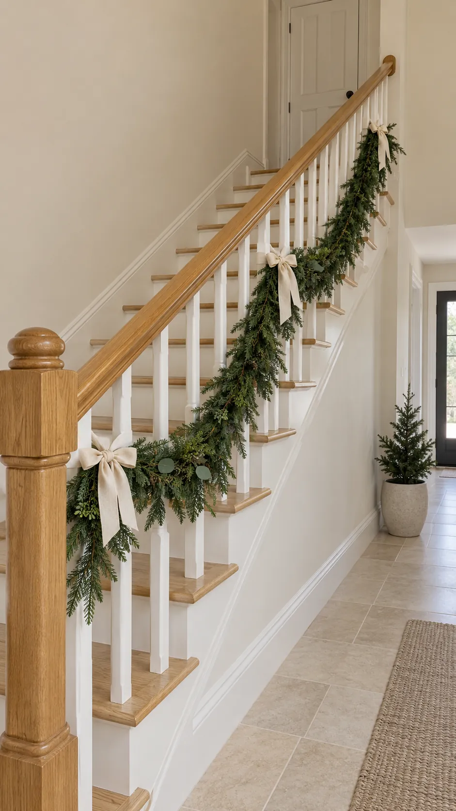 Christmas garland supported below a clear wooden handrail