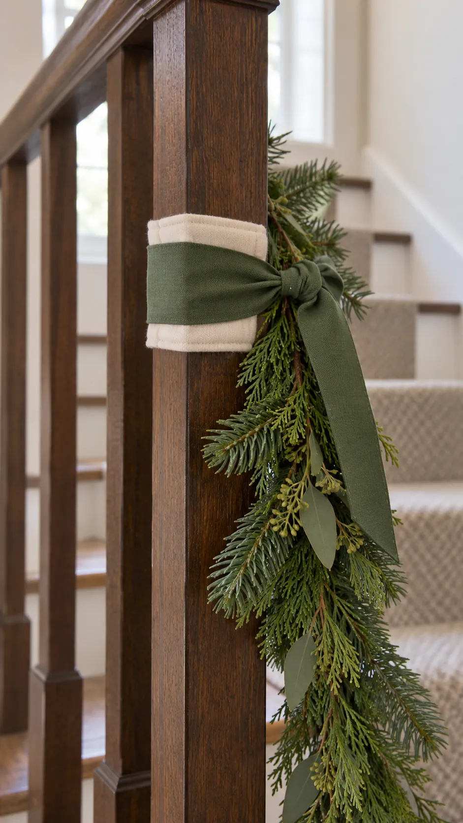 Soft tie holding garland to a padded stair baluster