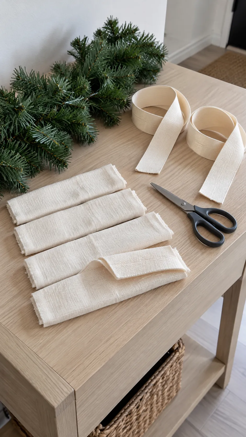 Cotton ties and protective pads prepared for a banister