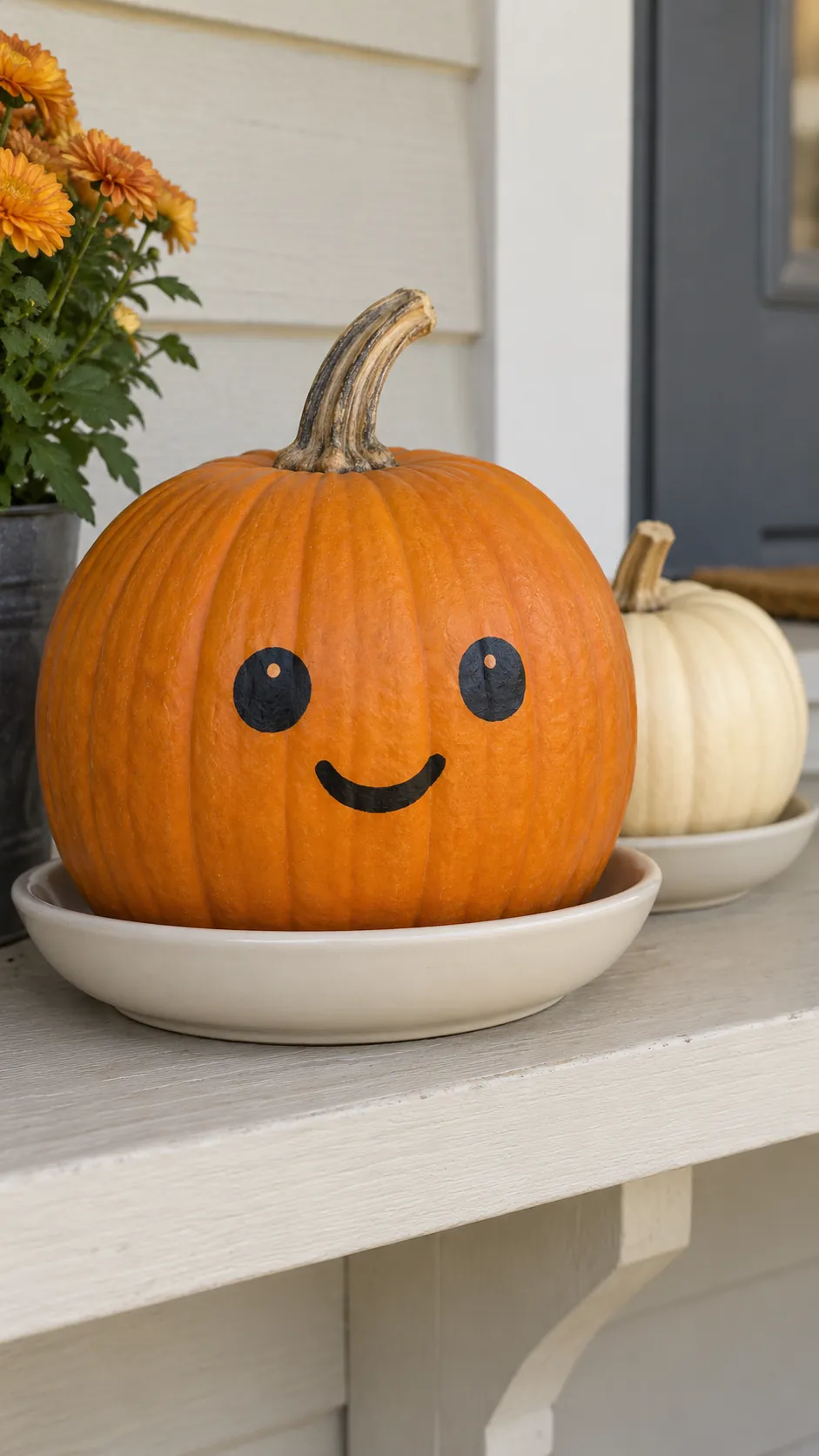 Smiling painted pumpkin on a stable porch saucer