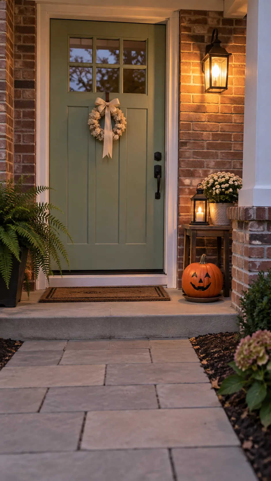 Cute welcoming Halloween porch with smiling pumpkin and clear steps