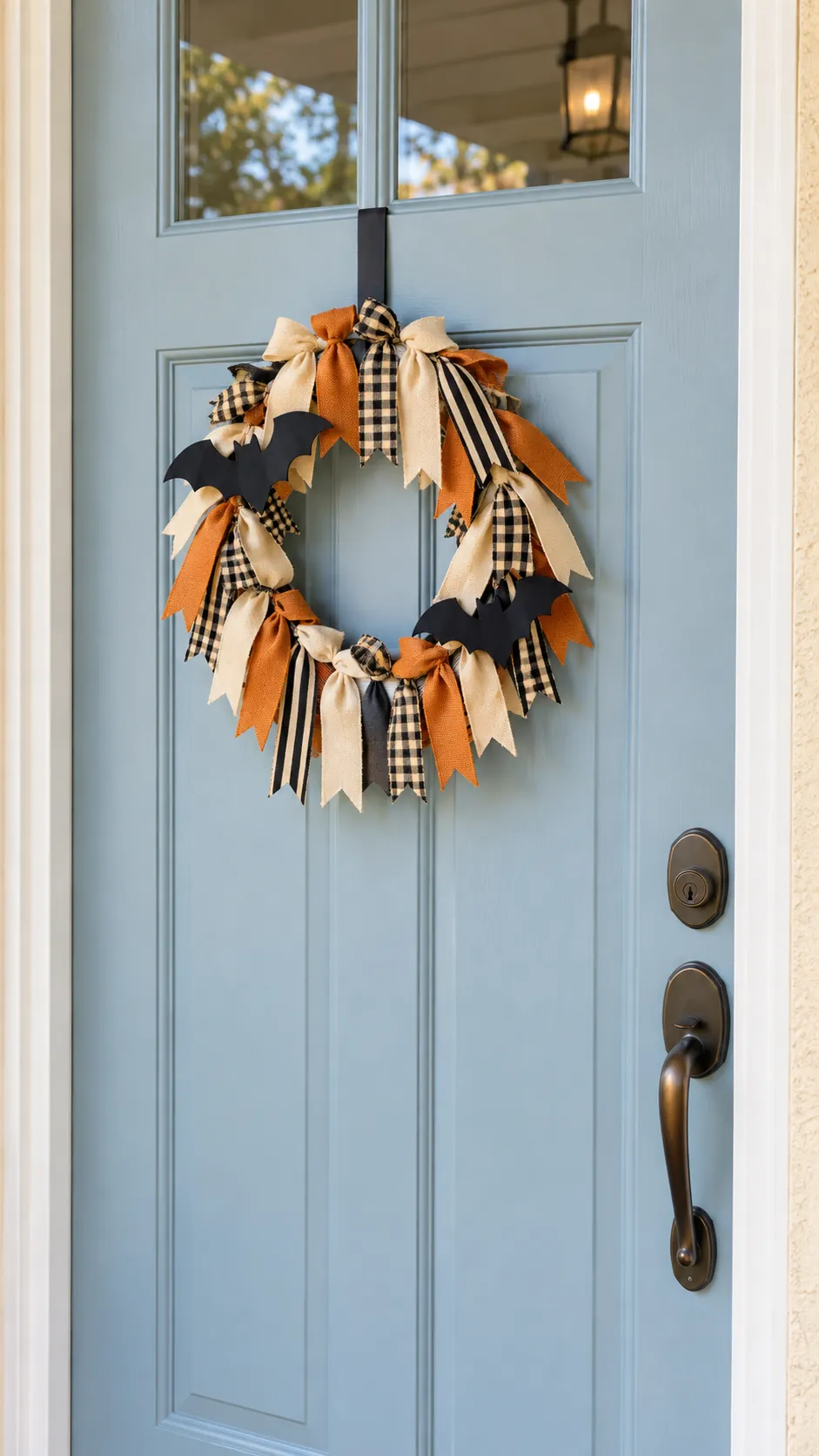 Compact playful Halloween ribbon wreath on a working front door