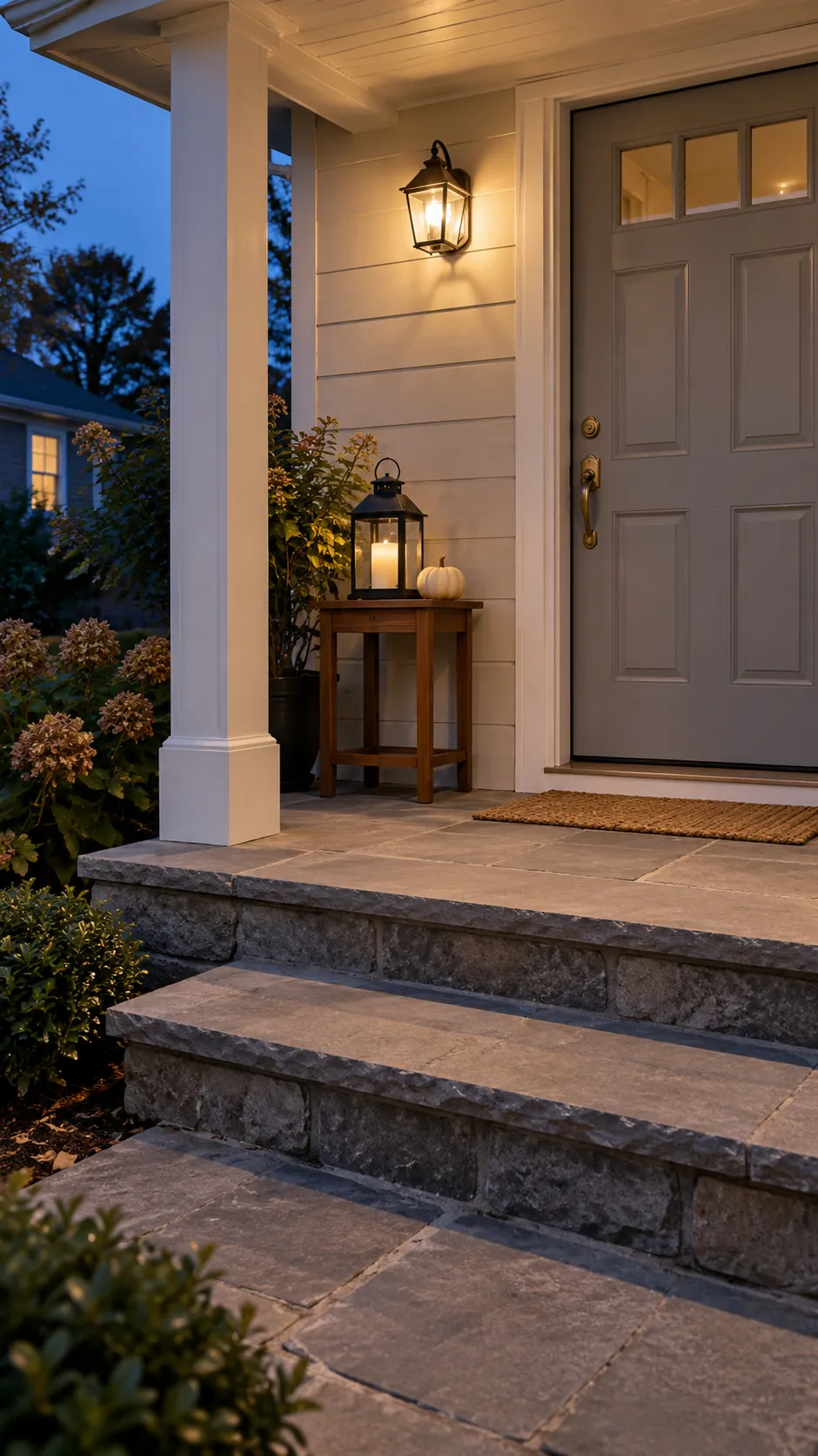 Warm battery lantern kept away from porch steps