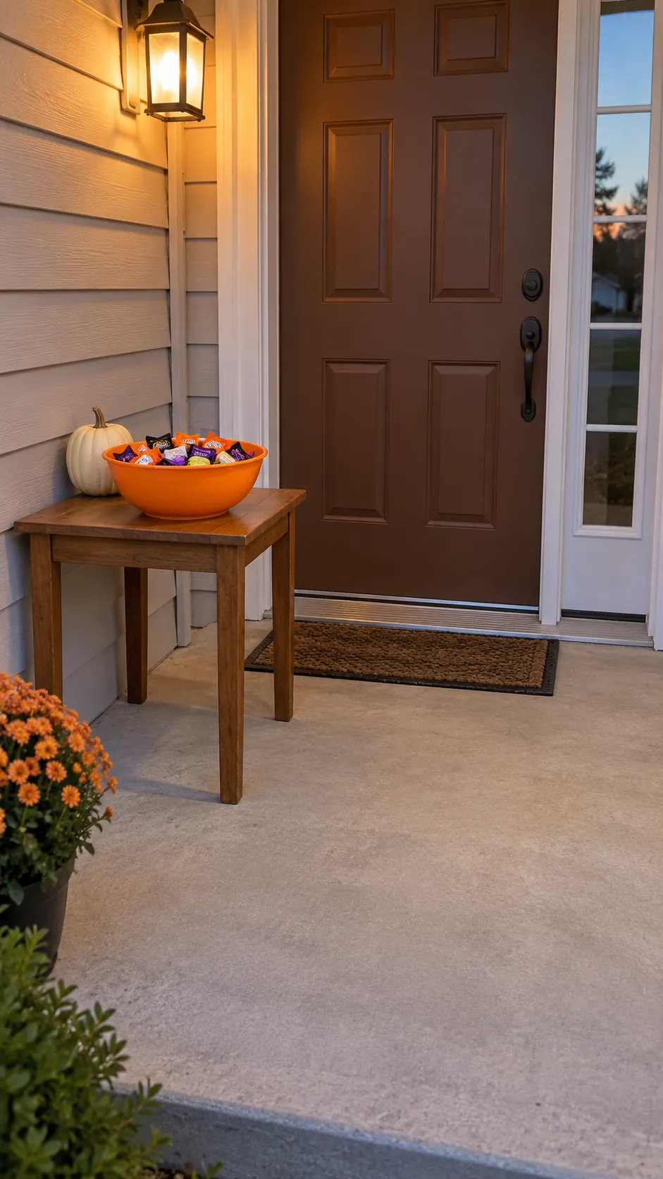 Simple Halloween treat table beside a clear doorway
