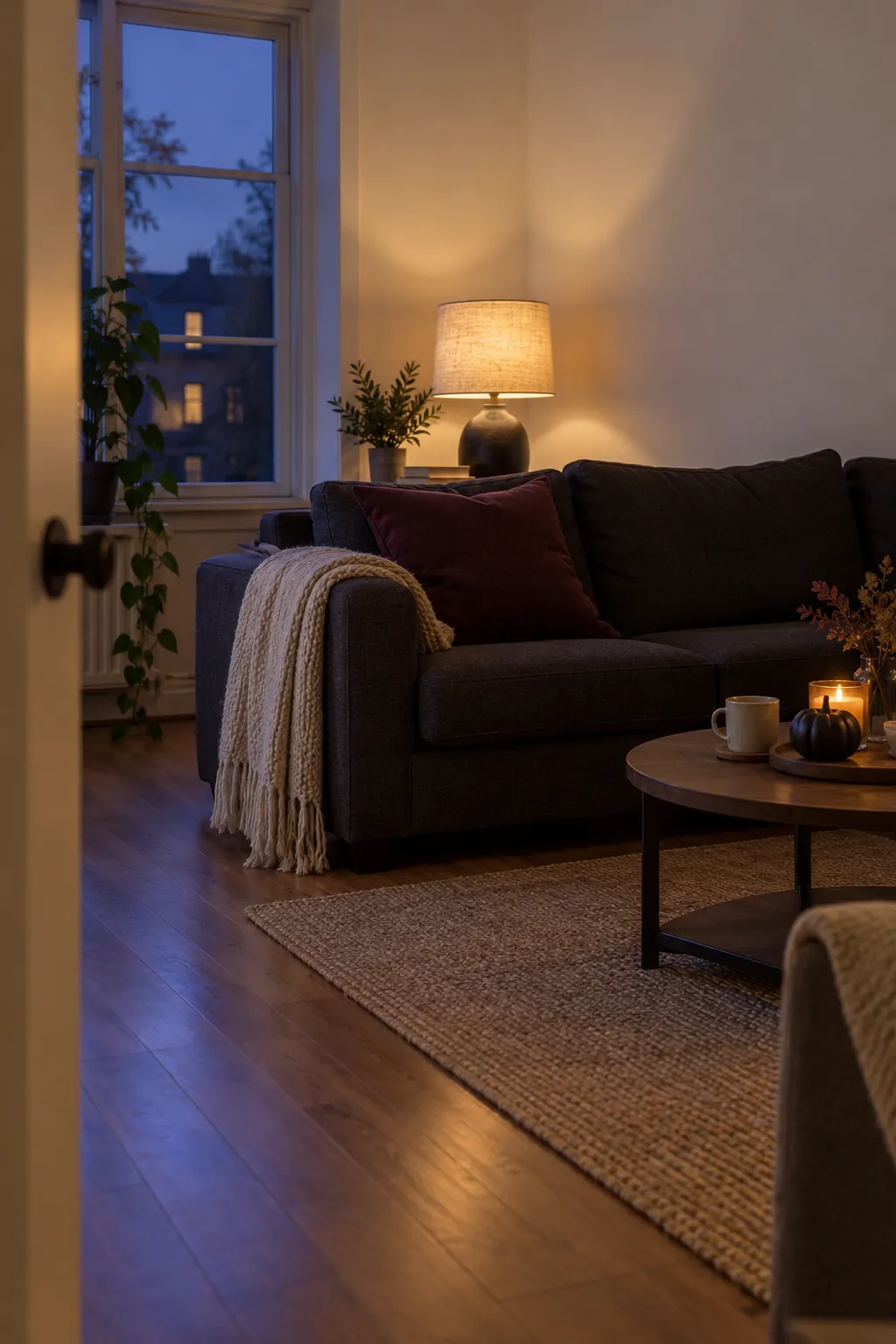 Cozy moody Halloween living room with shaded lamp and plum accents