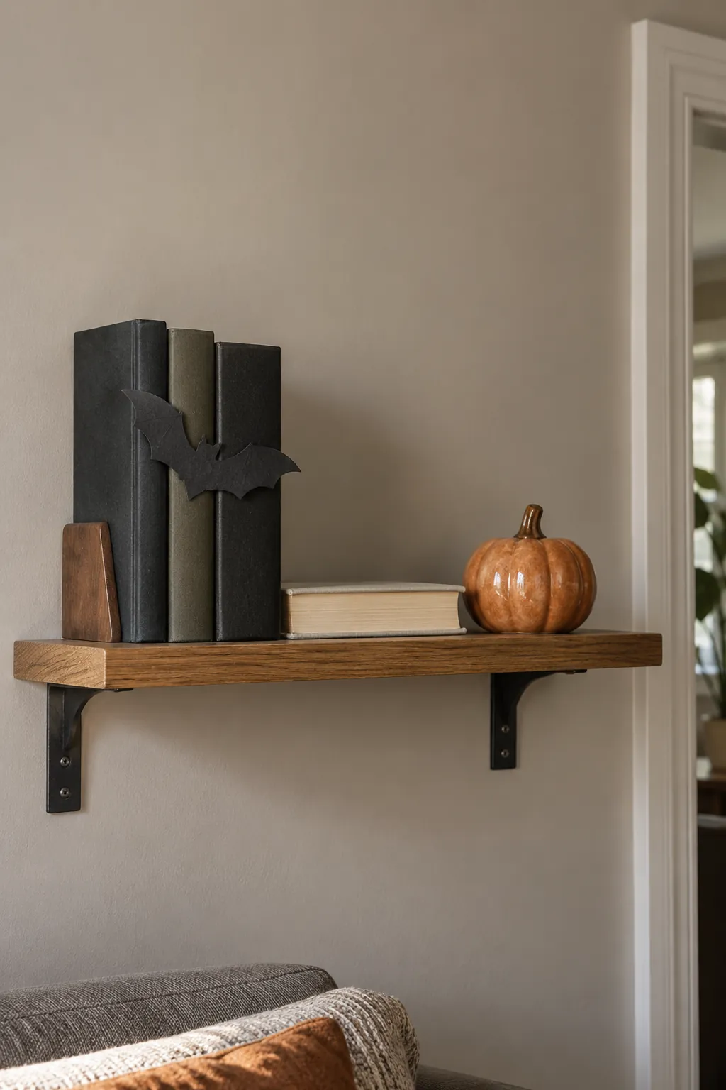 Small Halloween shelf display with books and ceramic pumpkin