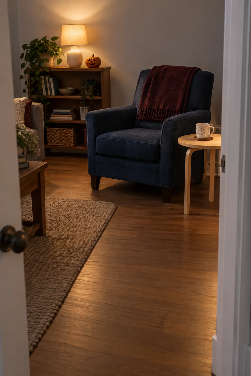 Cozy Halloween seating with clear path and usable side table