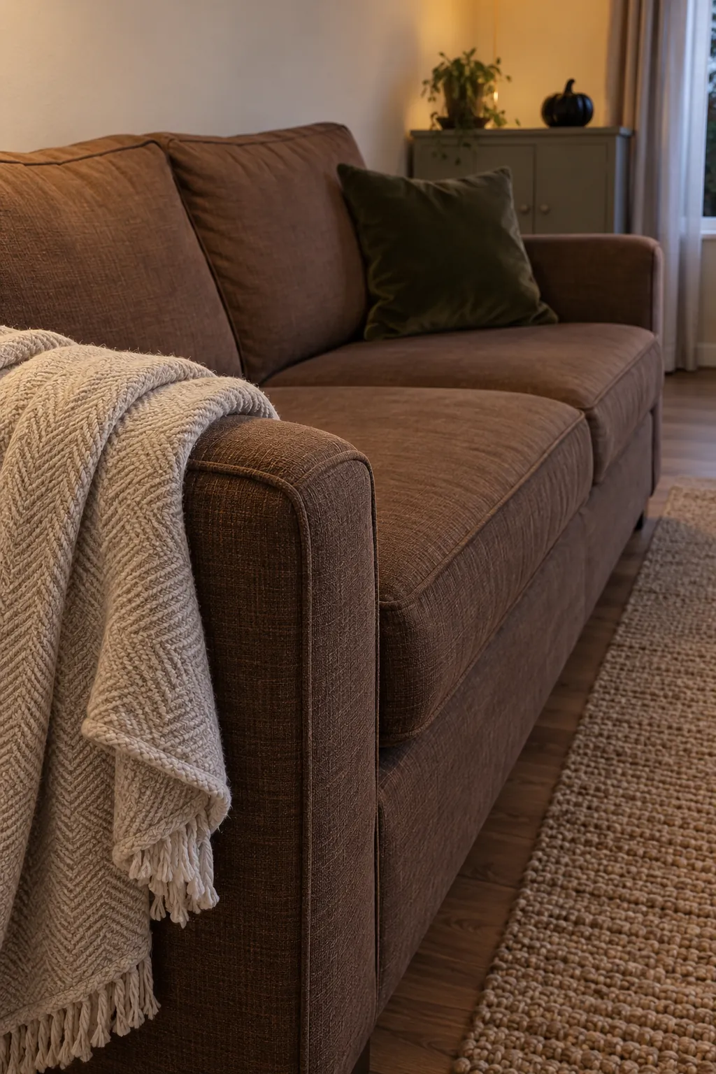 Comfortable sofa with reachable throw and dark seasonal cushion