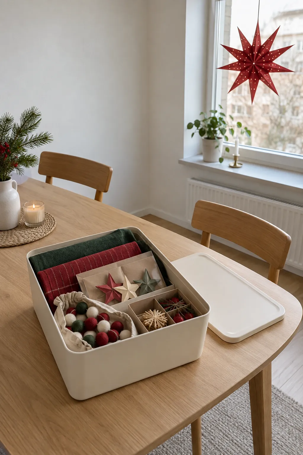 Compact Christmas decorations beside one apartment storage bin