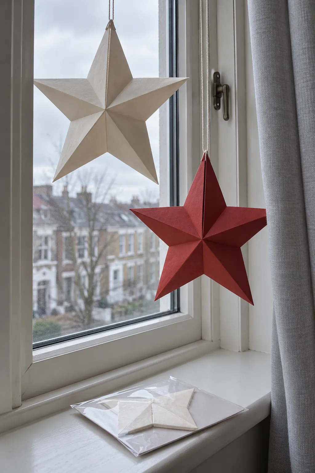 Fold flat paper stars in a small apartment Christmas display