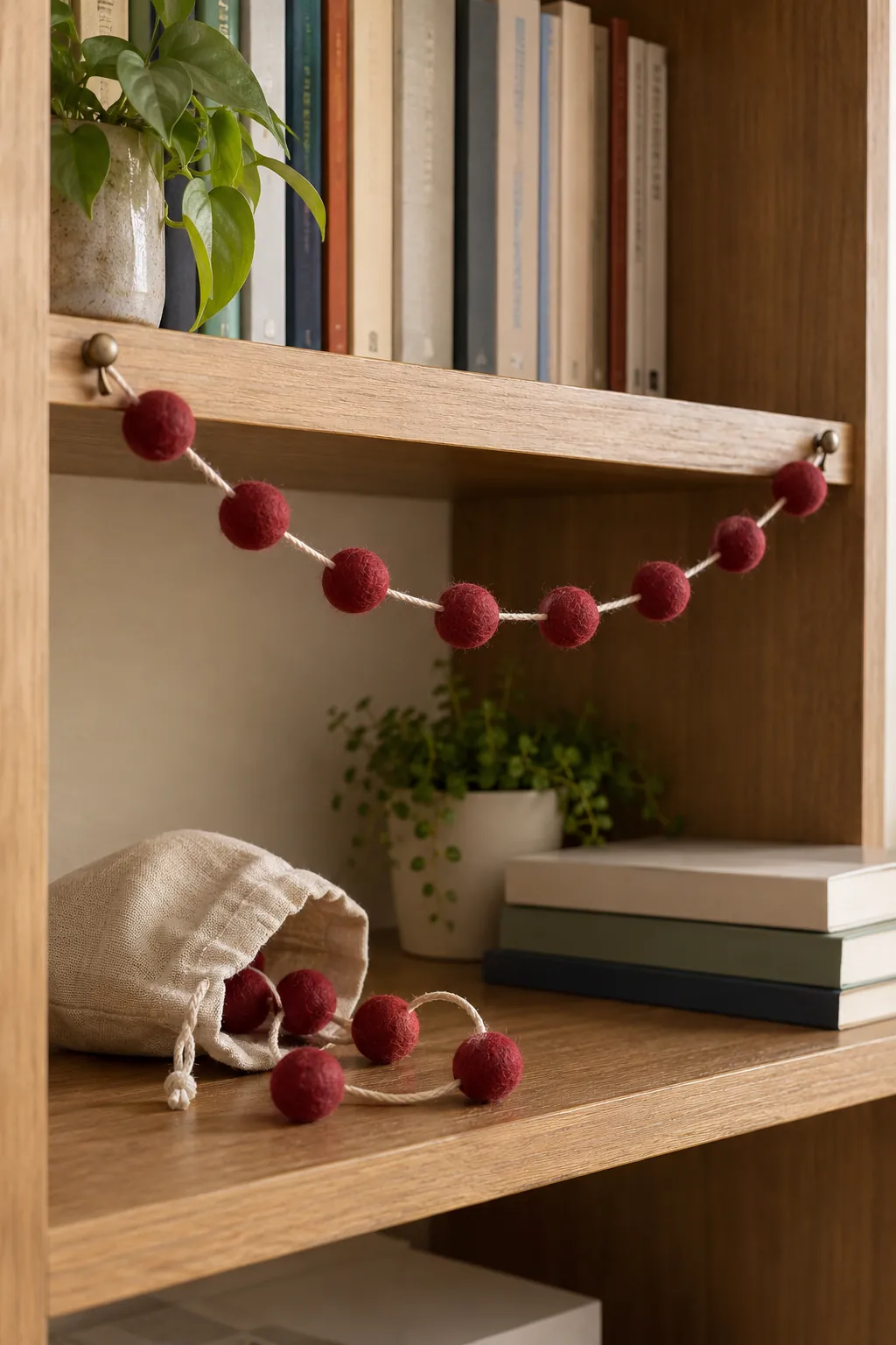 A short felt ball garland in a small apartment Christmas display