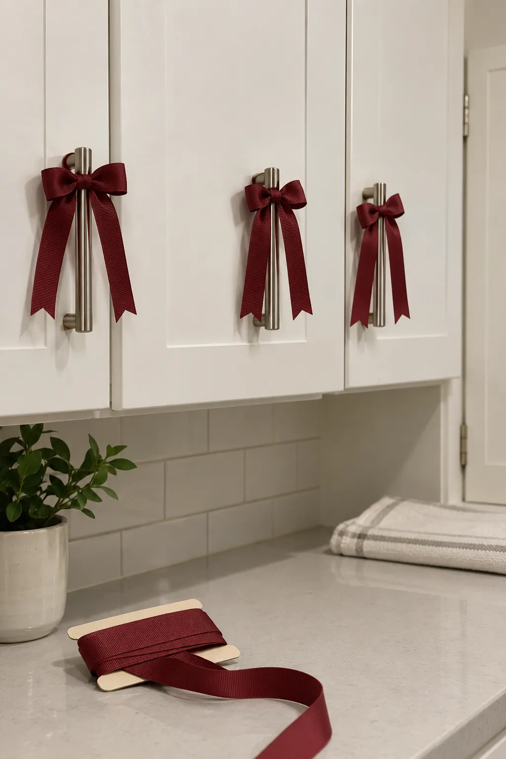Ribbon bows for cabinet handles in a small apartment Christmas display