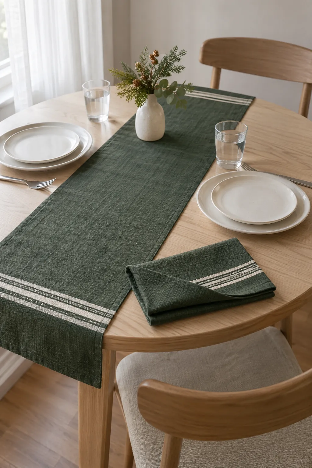 A fabric table runner in a small apartment Christmas display