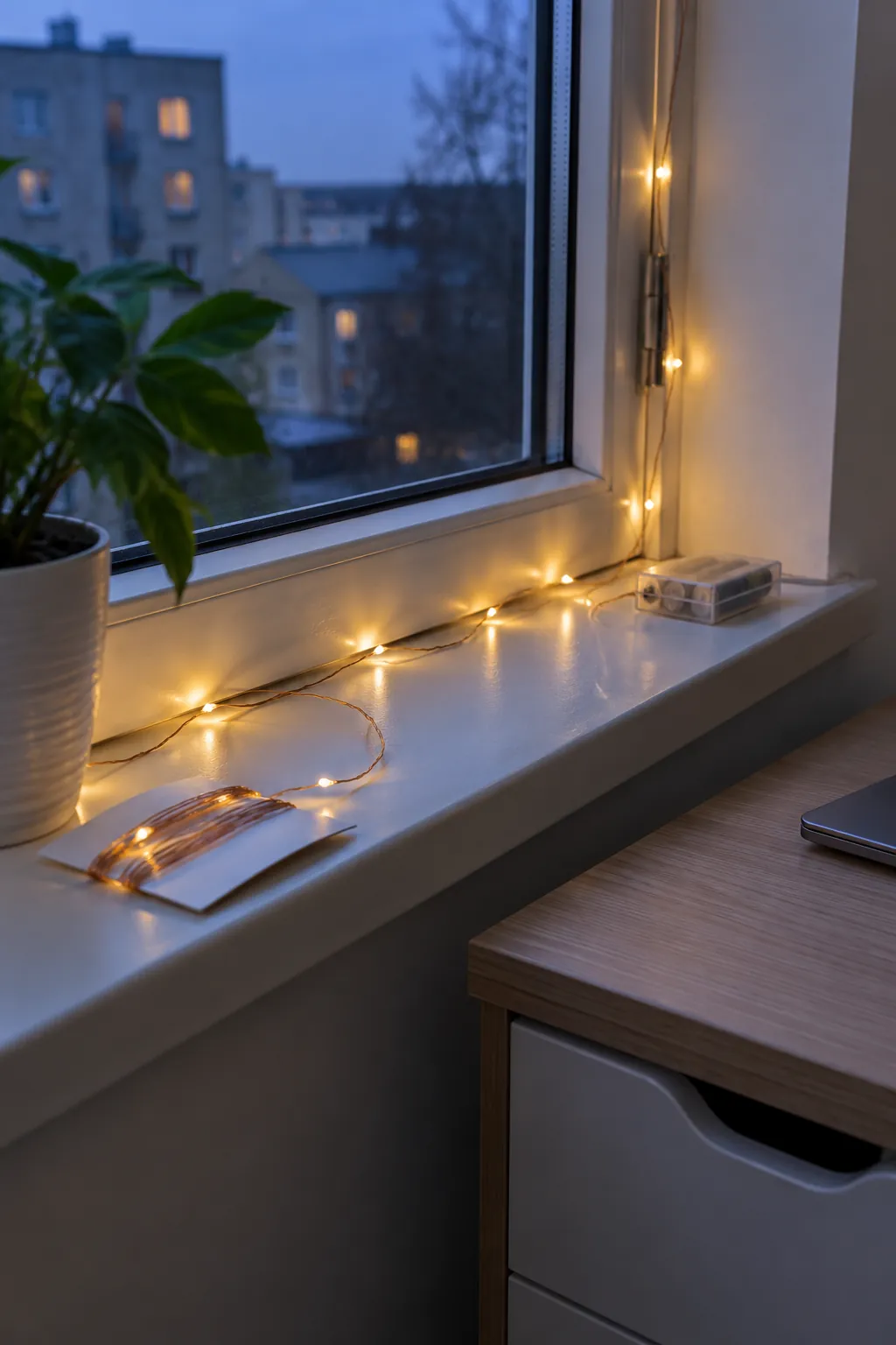 A slim string of LED lights in a small apartment Christmas display