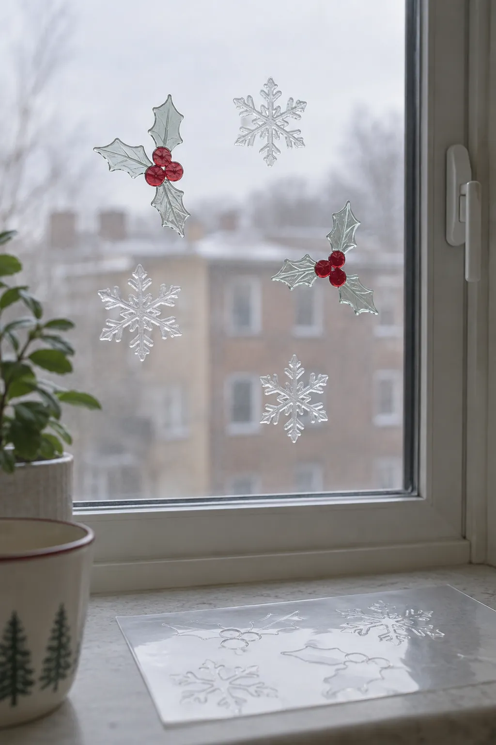 Reusable window clings in a small apartment Christmas display
