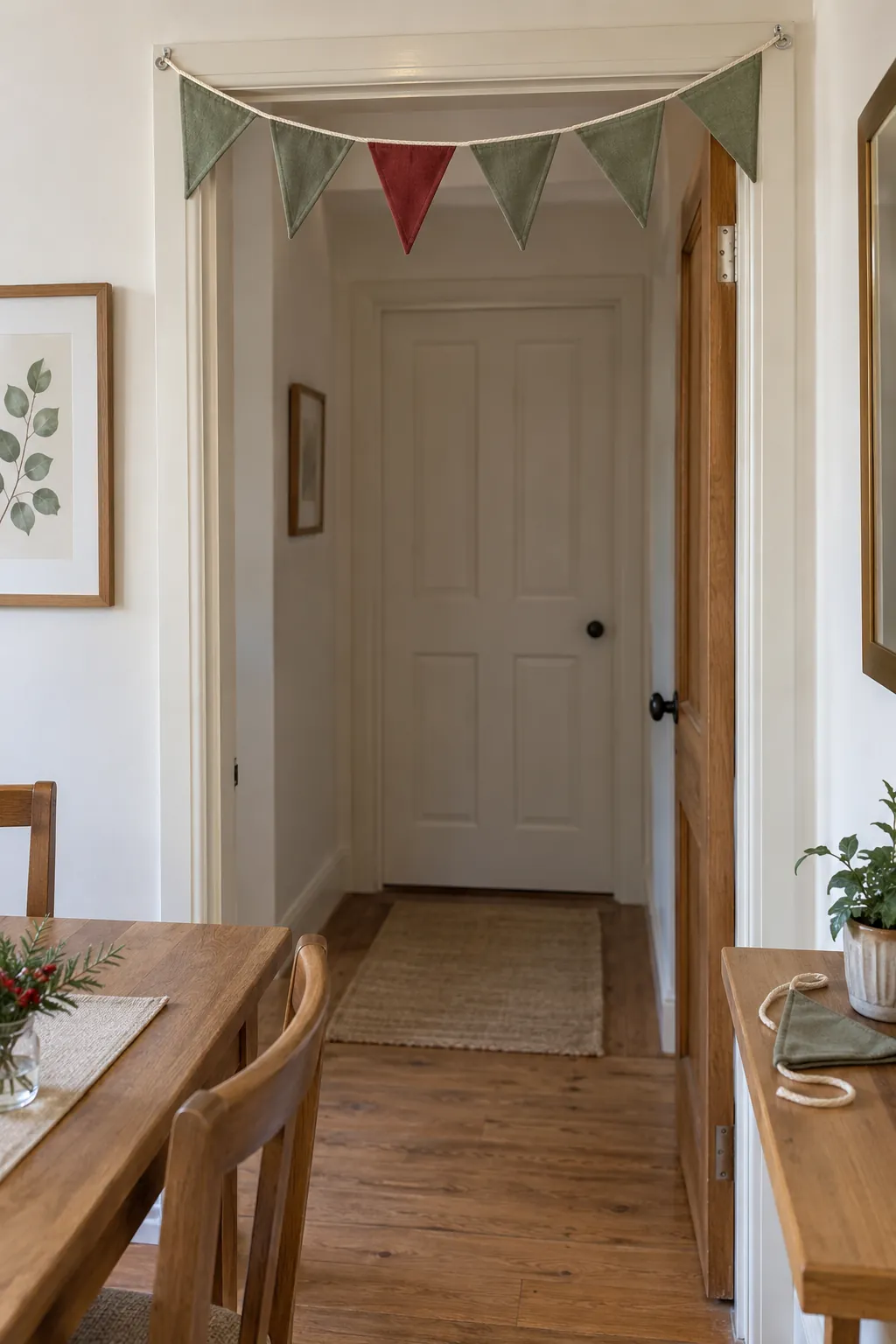 A small fabric bunting in a small apartment Christmas display