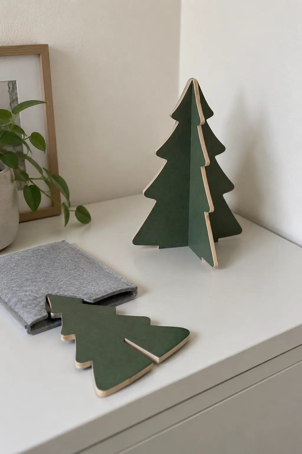 A tabletop wooden tree that comes apart in a small apartment Christmas display