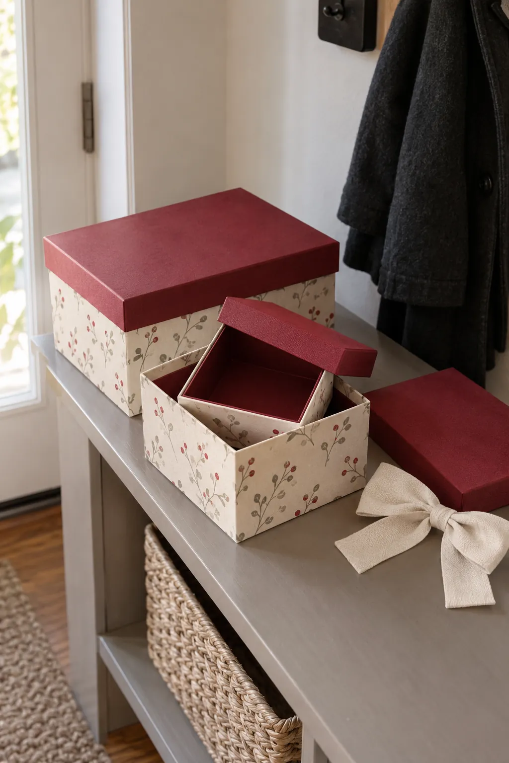 Tiny nesting gift boxes in a small apartment Christmas display