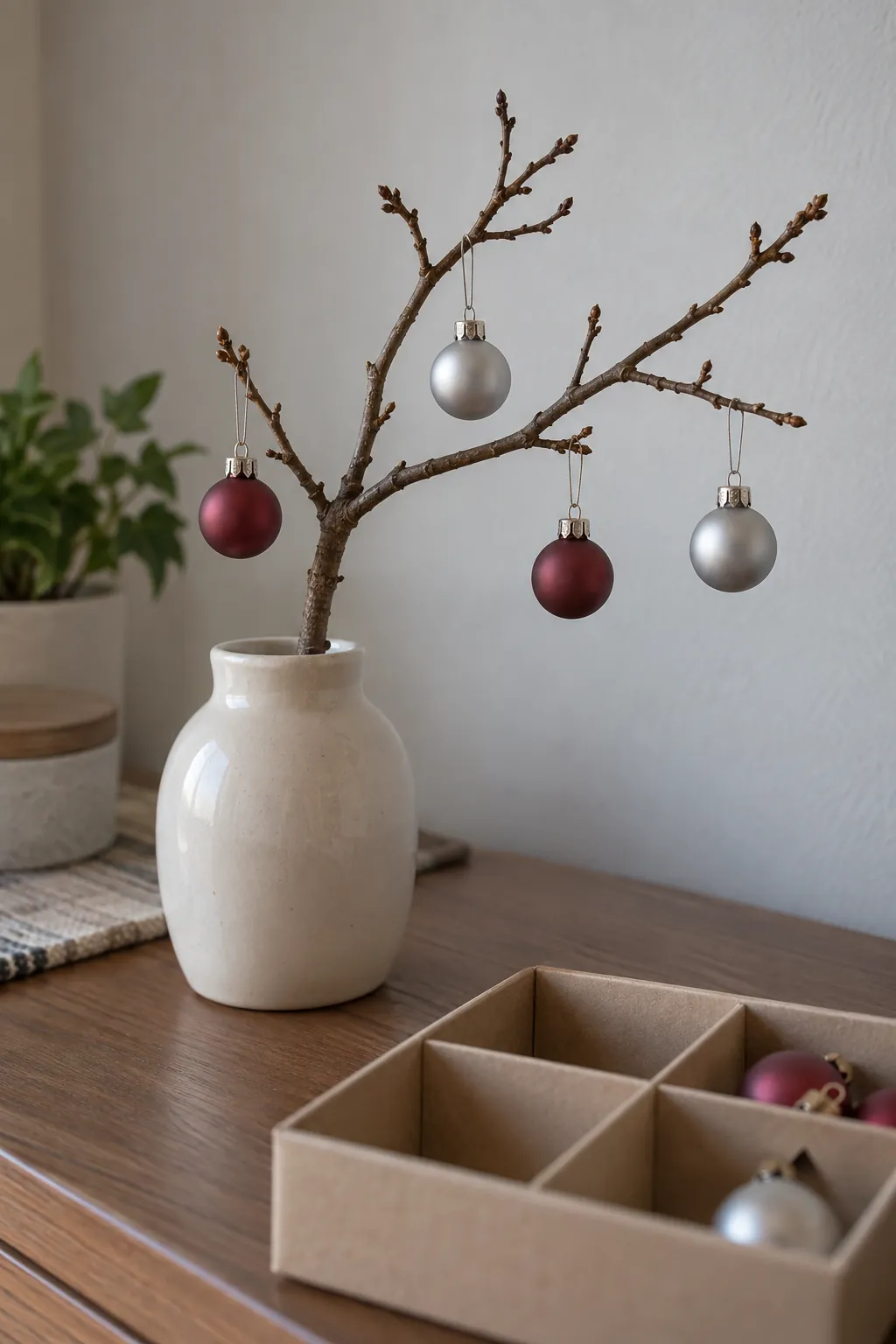 Miniature unbreakable ornaments in a small apartment Christmas display