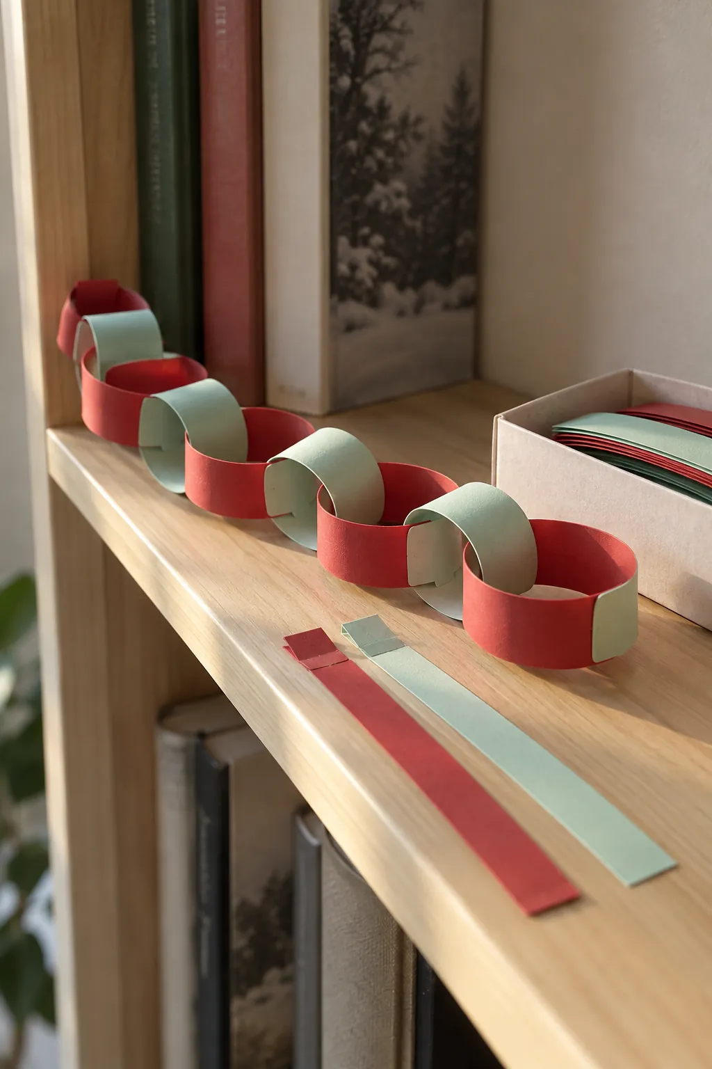 A paper chain in a reusable sleeve in a small apartment Christmas display