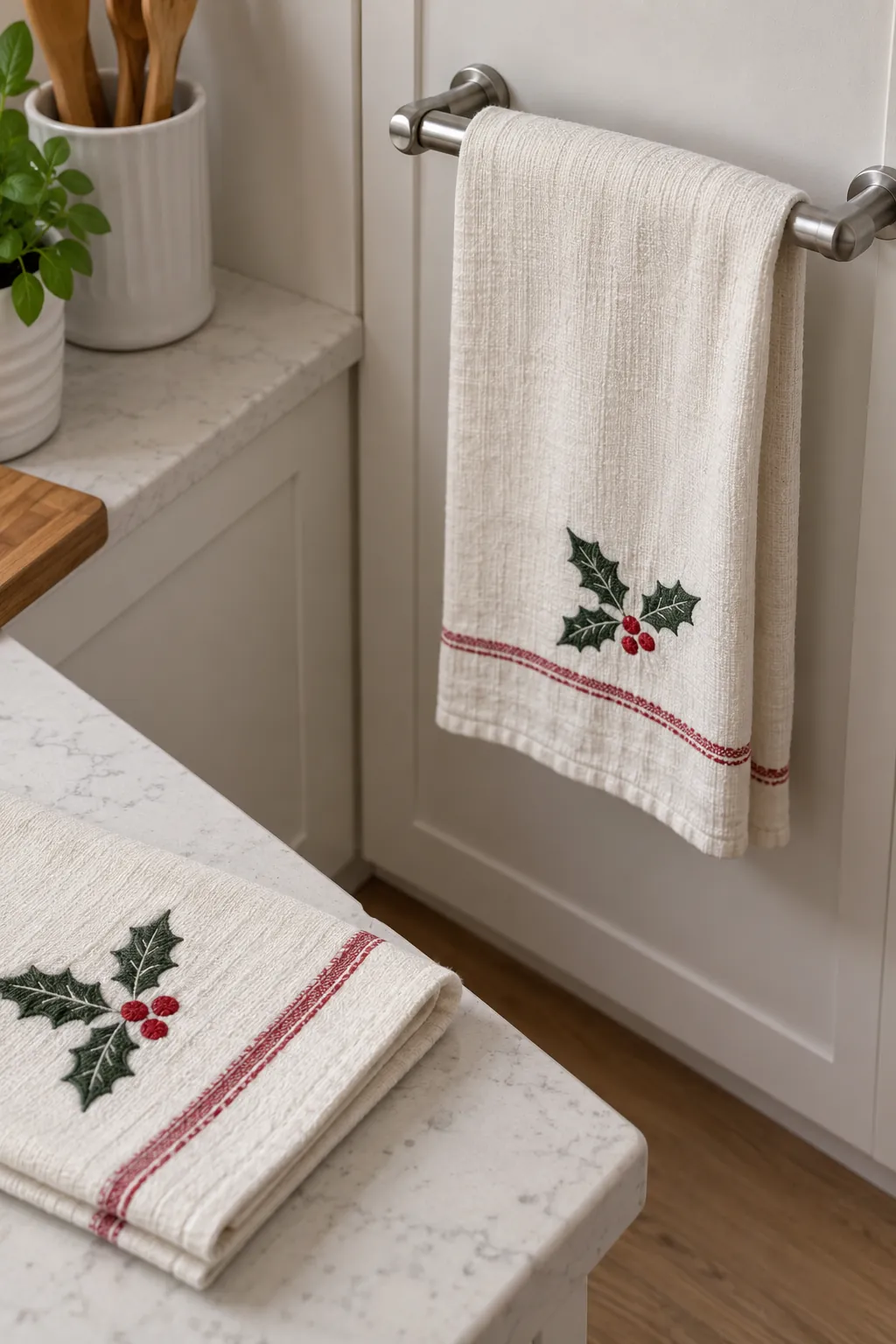 A Christmas tea towel in a small apartment Christmas display