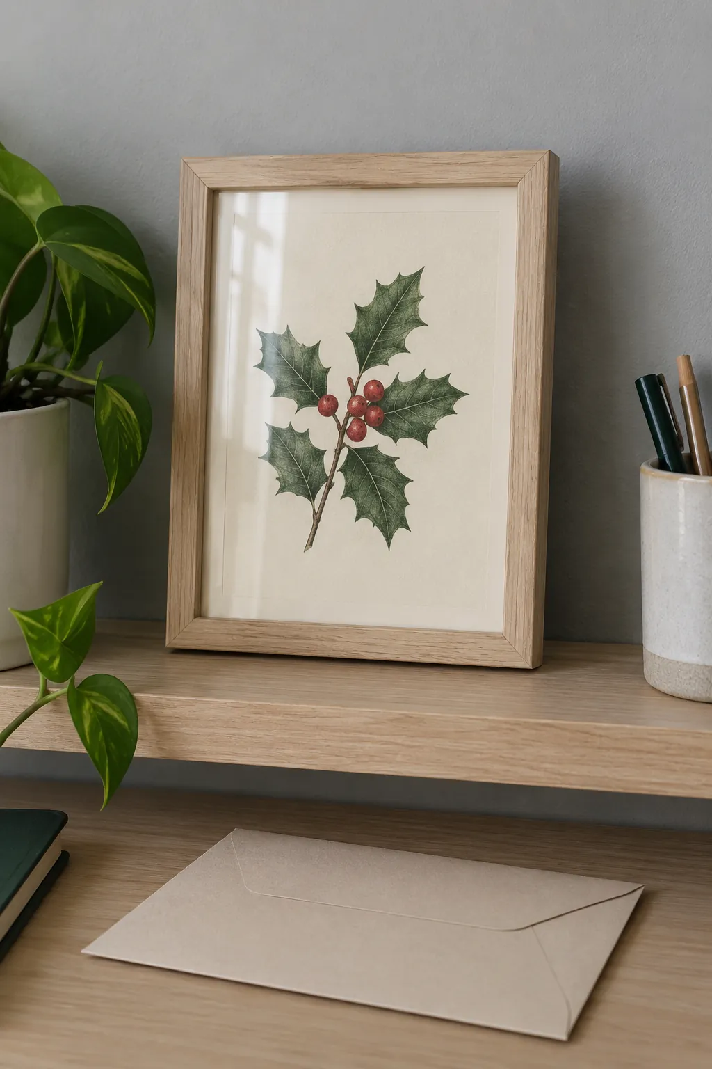 A removable holiday print for an existing frame in a small apartment Christmas display