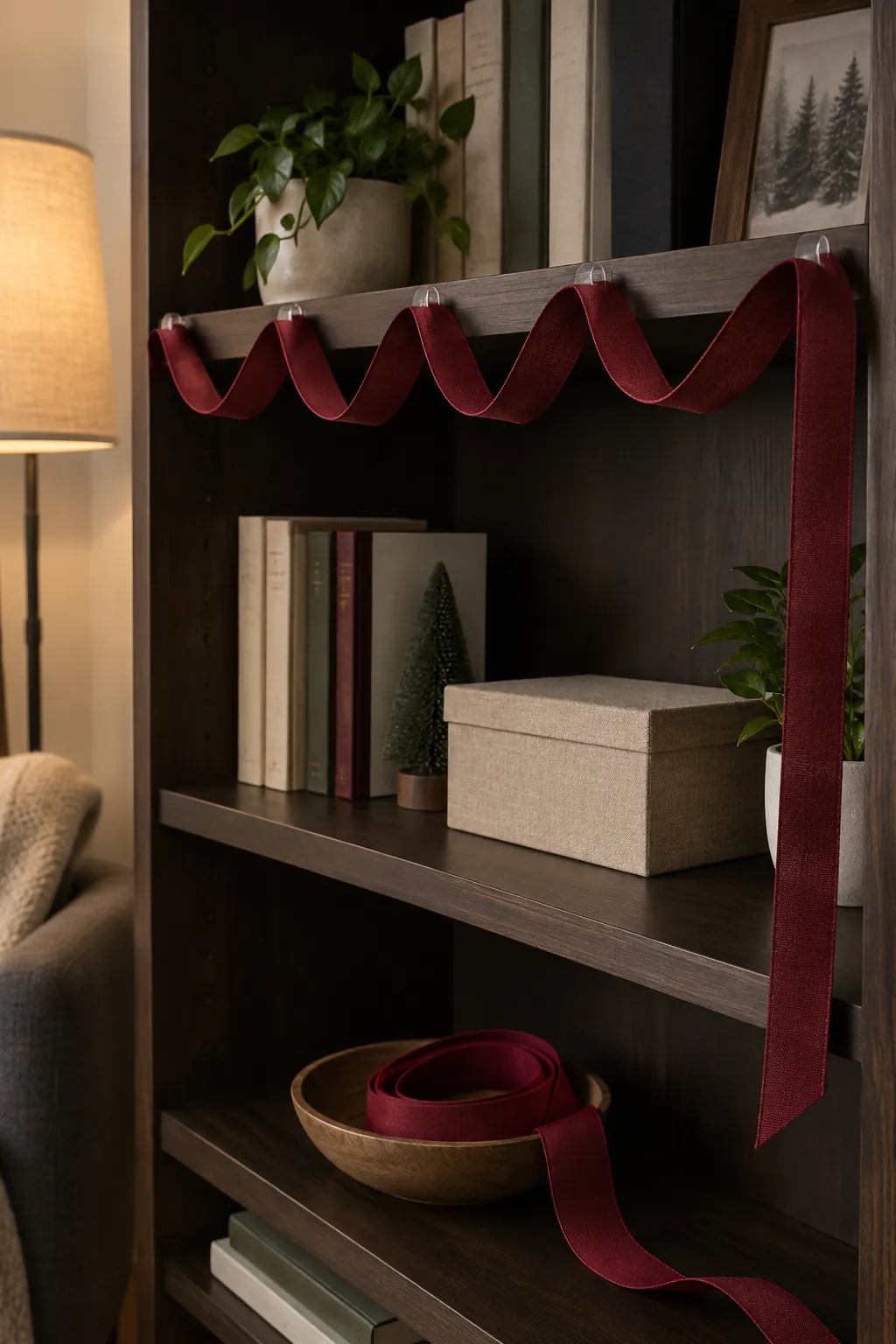 A narrow decorative ribbon garland in a small apartment Christmas display