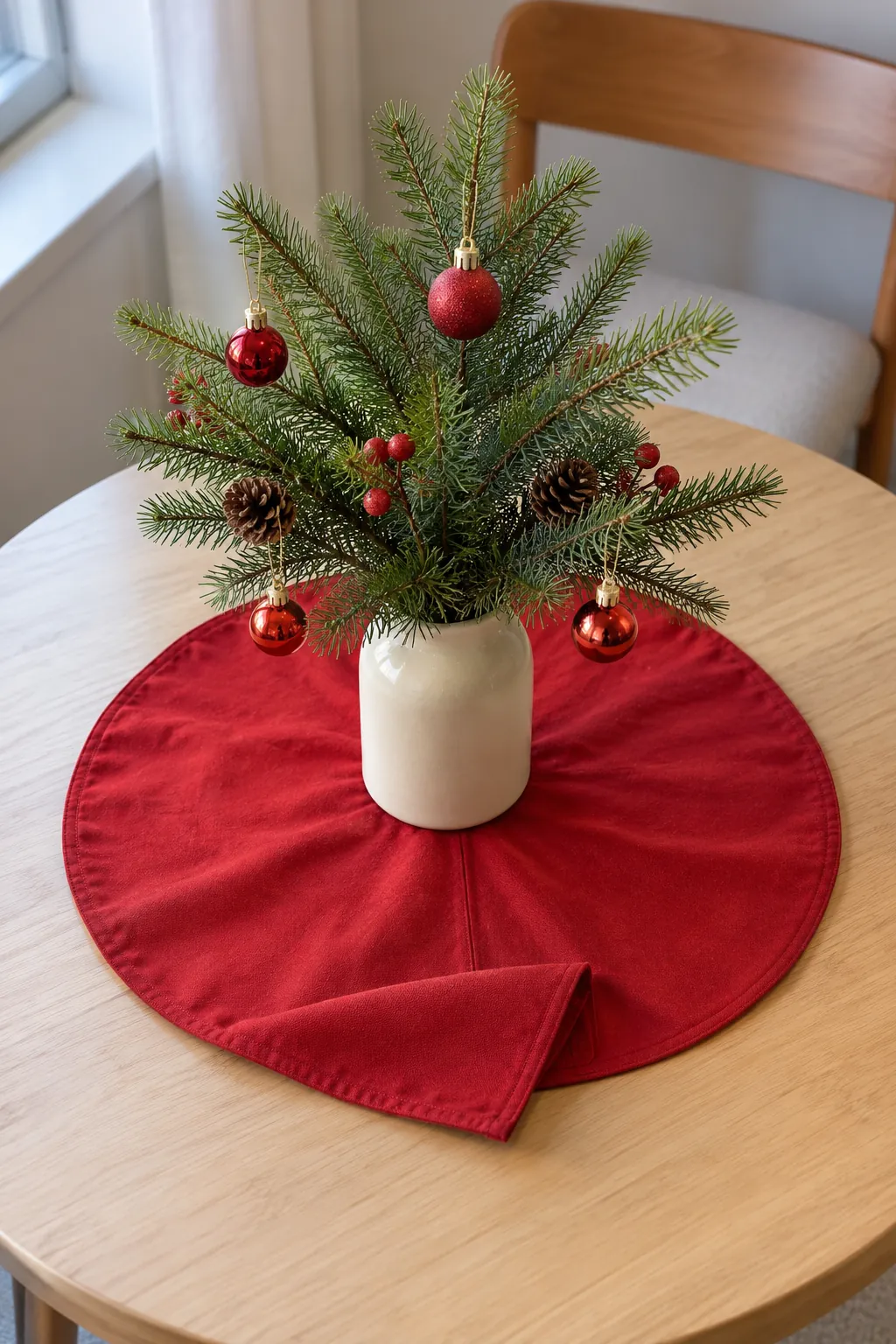 A foldable fabric tree skirt in a small apartment Christmas display