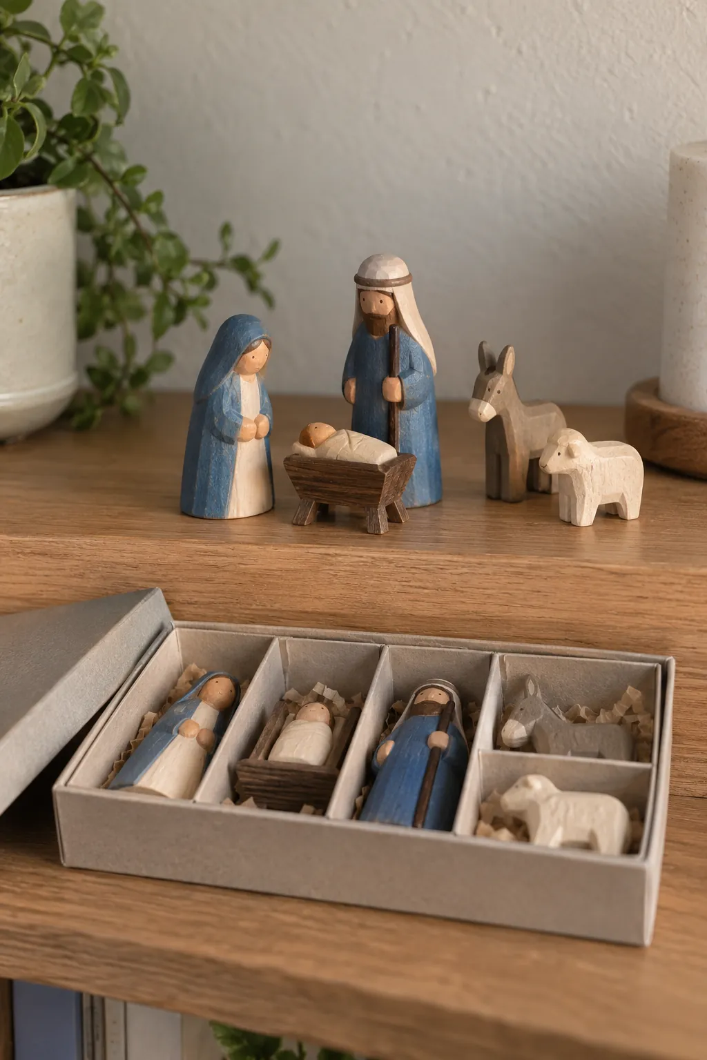 A pocket sized nativity set in a small apartment Christmas display