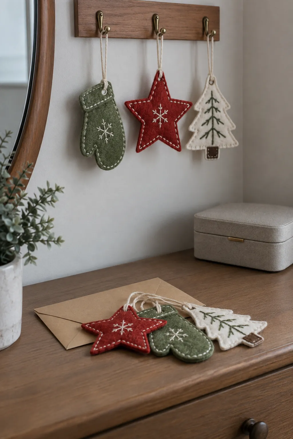 A few flat felt ornaments in a small apartment Christmas display