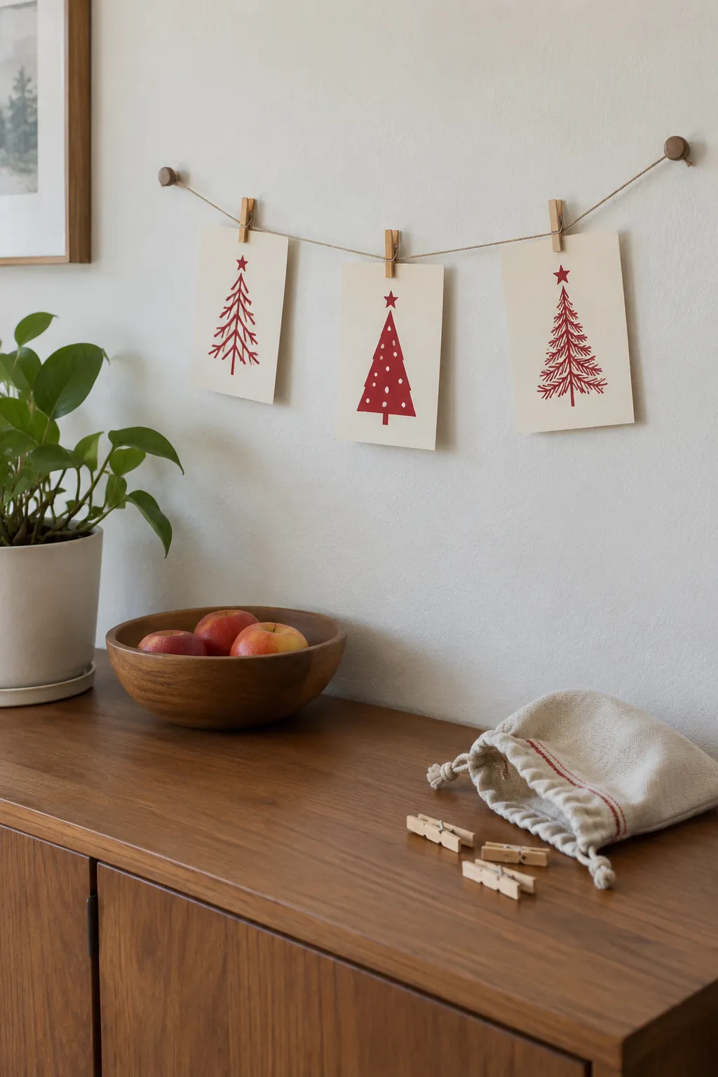 A small reusable card display cord in a small apartment Christmas display