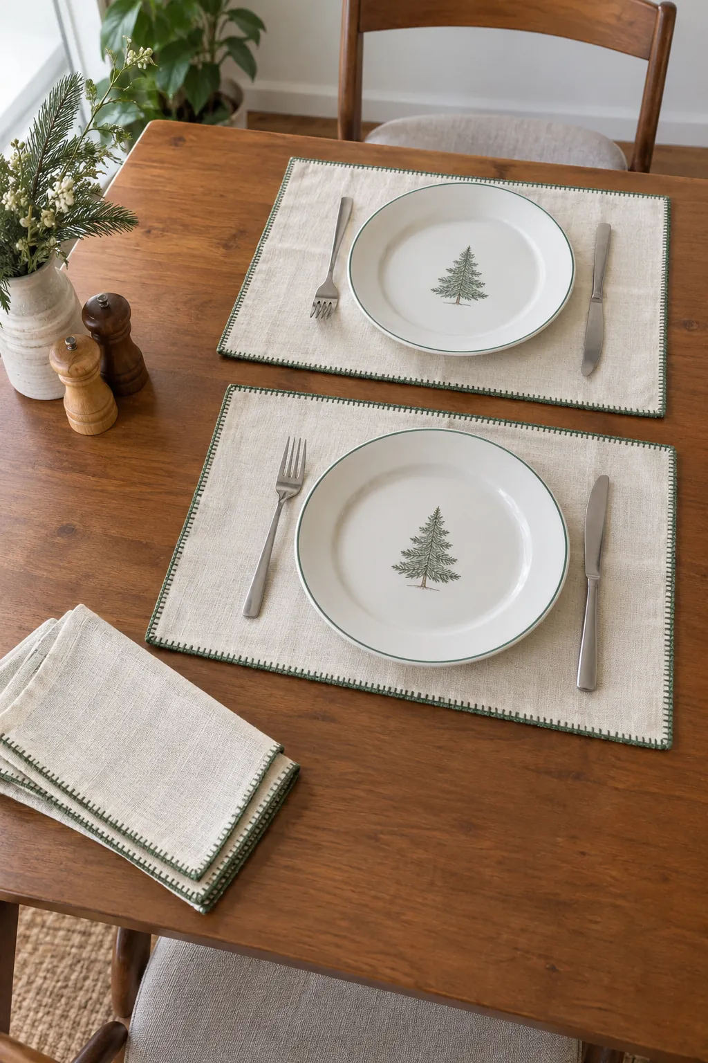 A thin holiday placemat set in a small apartment Christmas display