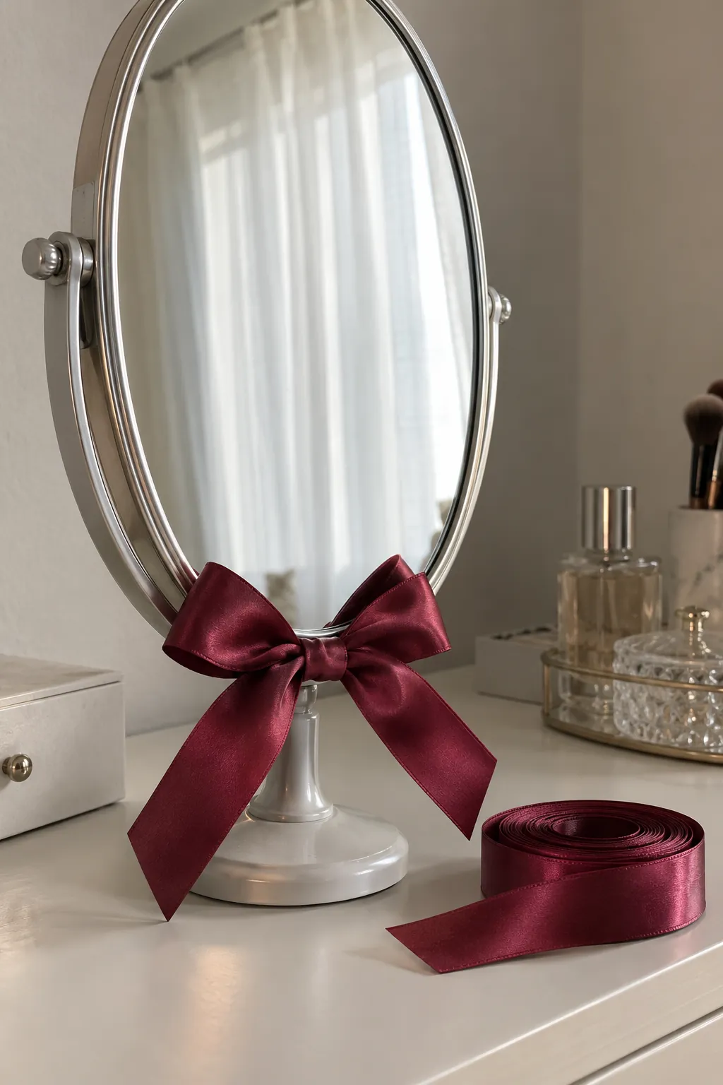 A removable mirror ribbon in a small apartment Christmas display