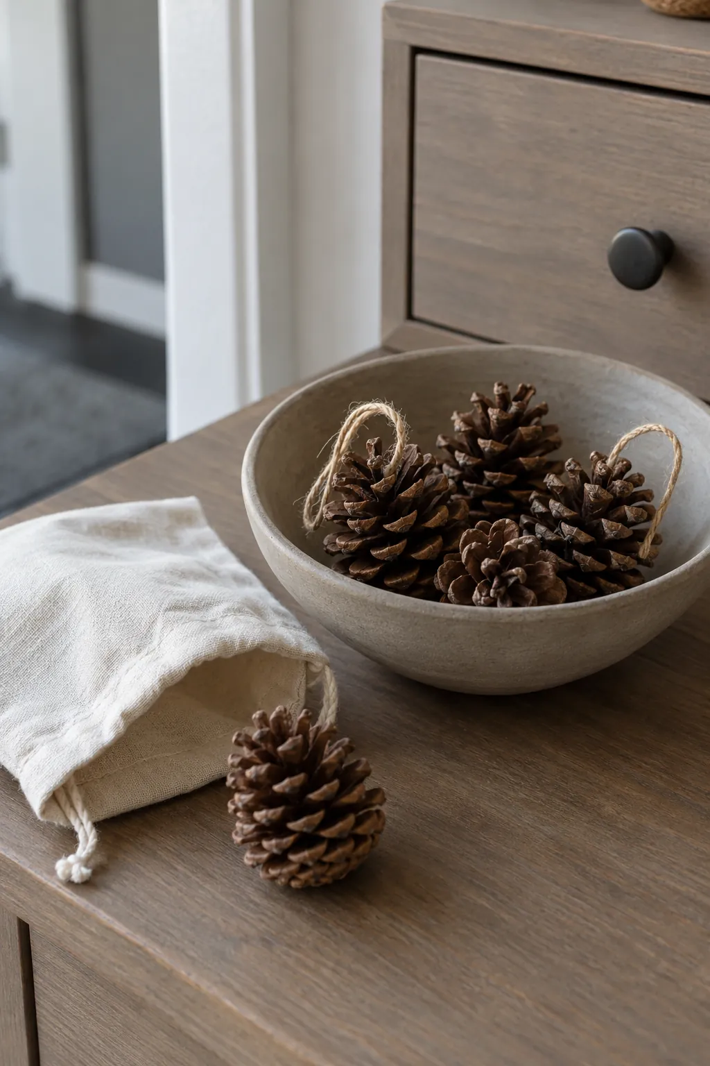 Small pinecone ornaments in a small apartment Christmas display