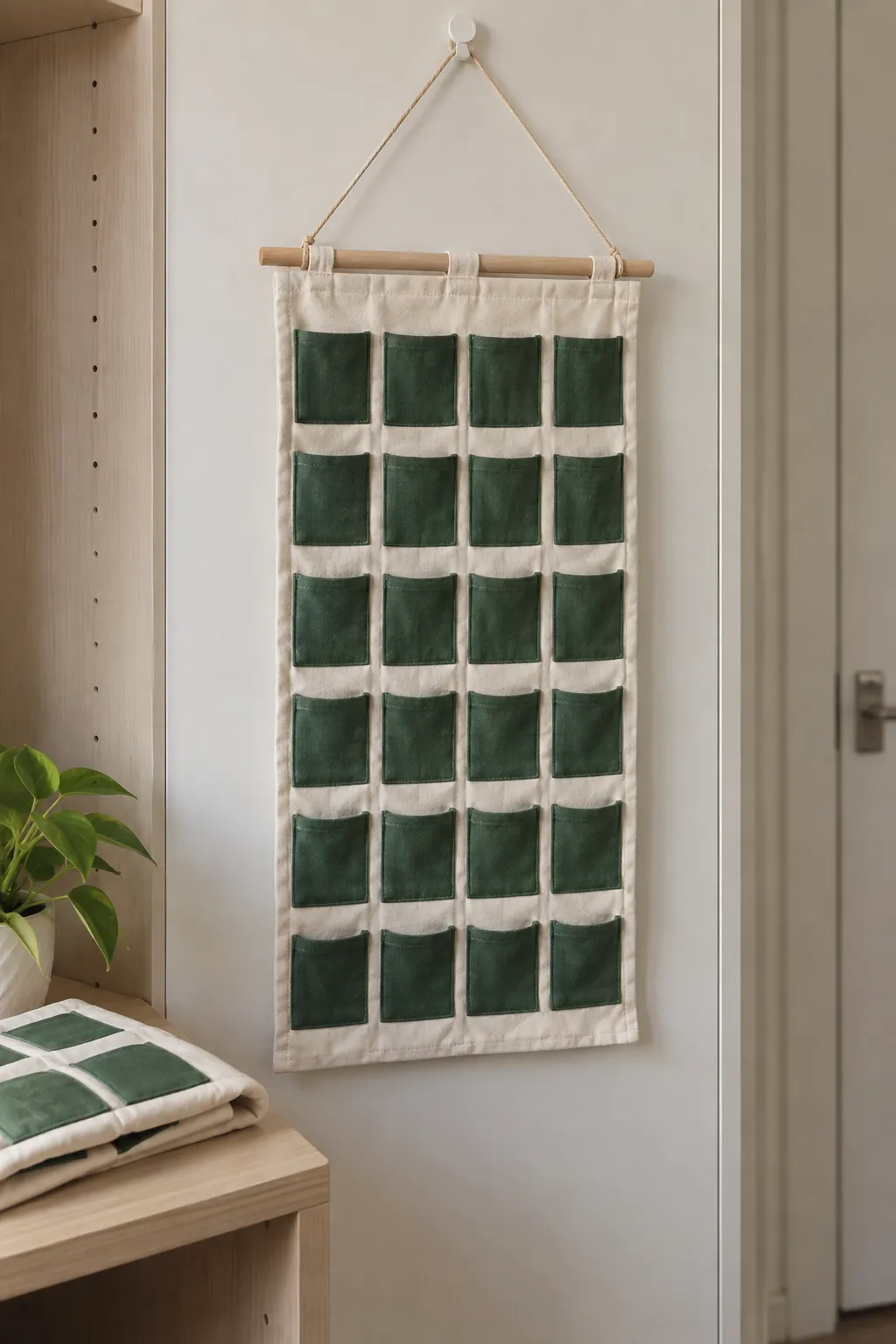A fabric advent calendar without bulky pockets in a small apartment Christmas display
