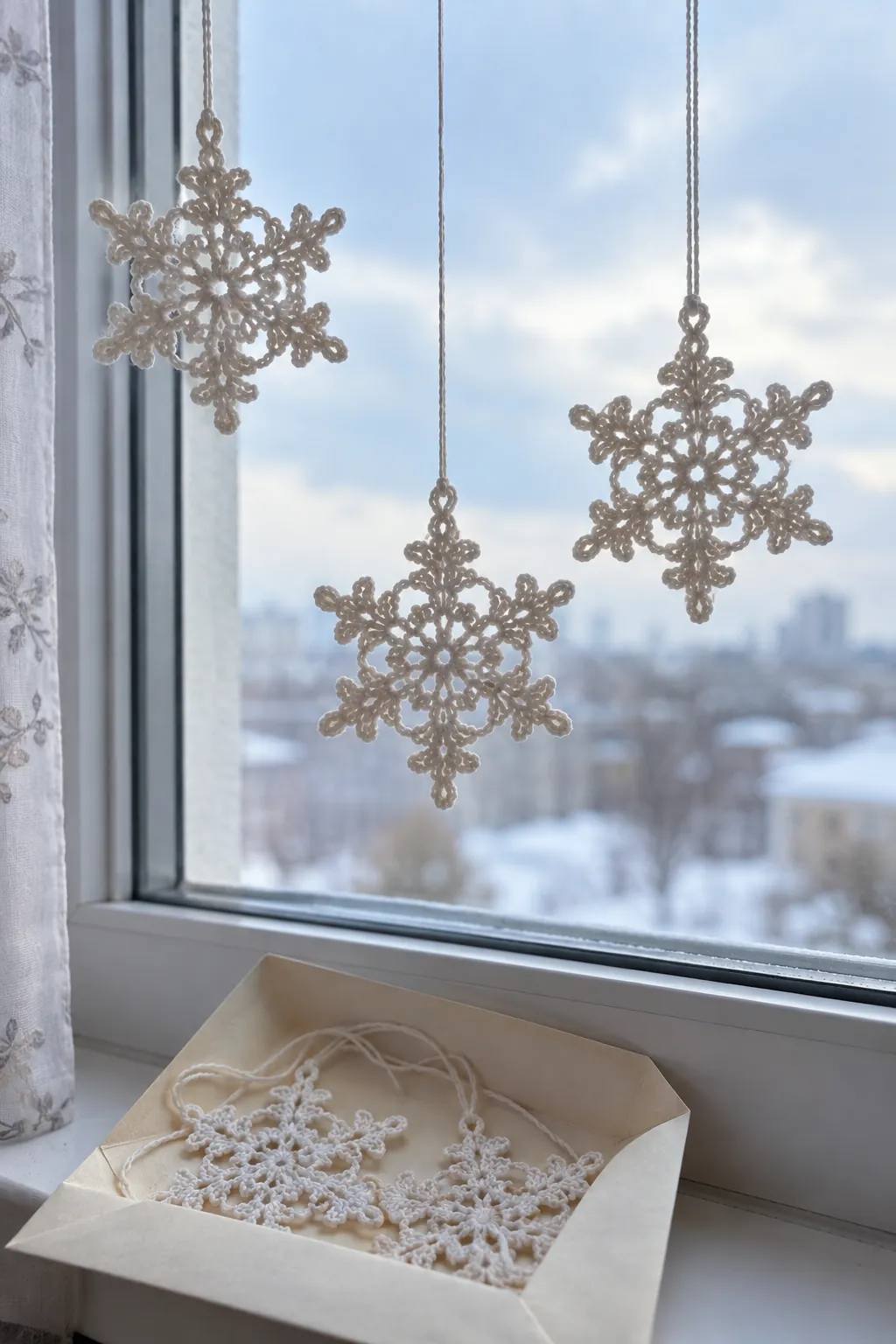 A compact crochet snowflake set in a small apartment Christmas display