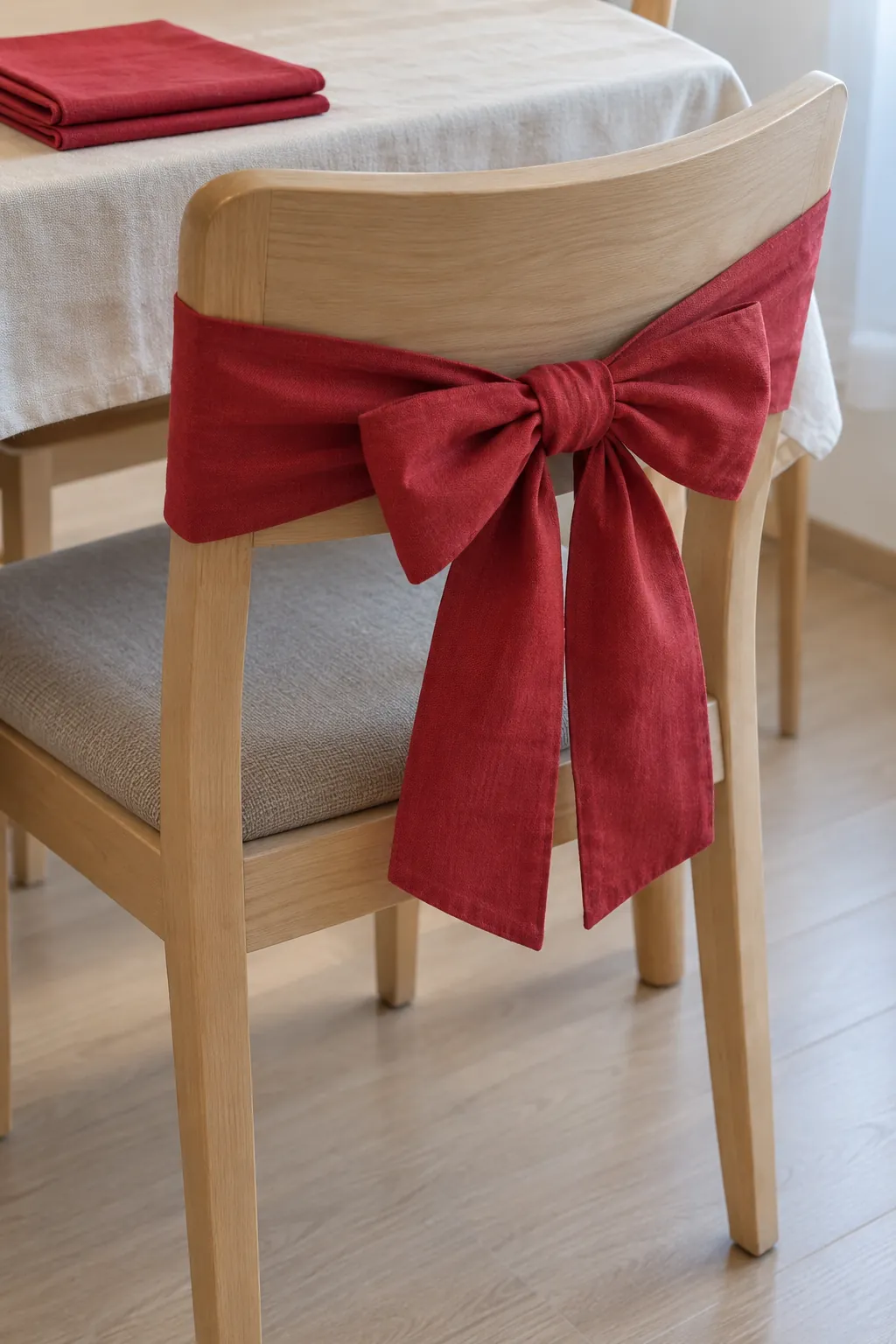 A lightweight festive chair sash in a small apartment Christmas display