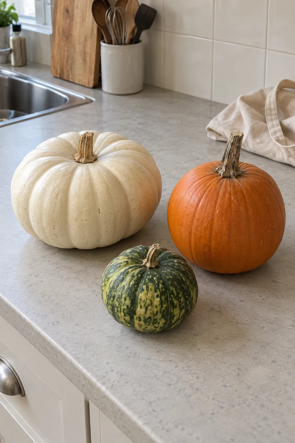 Cream and orange pumpkins selected for natural fall decor on a kitchen worktop