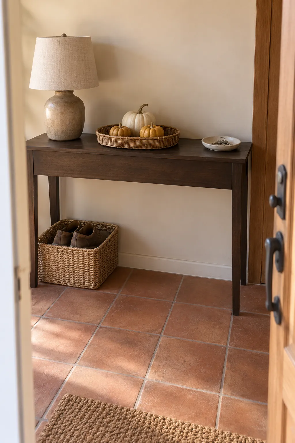 Small pumpkins in a shallow tray beside a key bowl on an entryway console