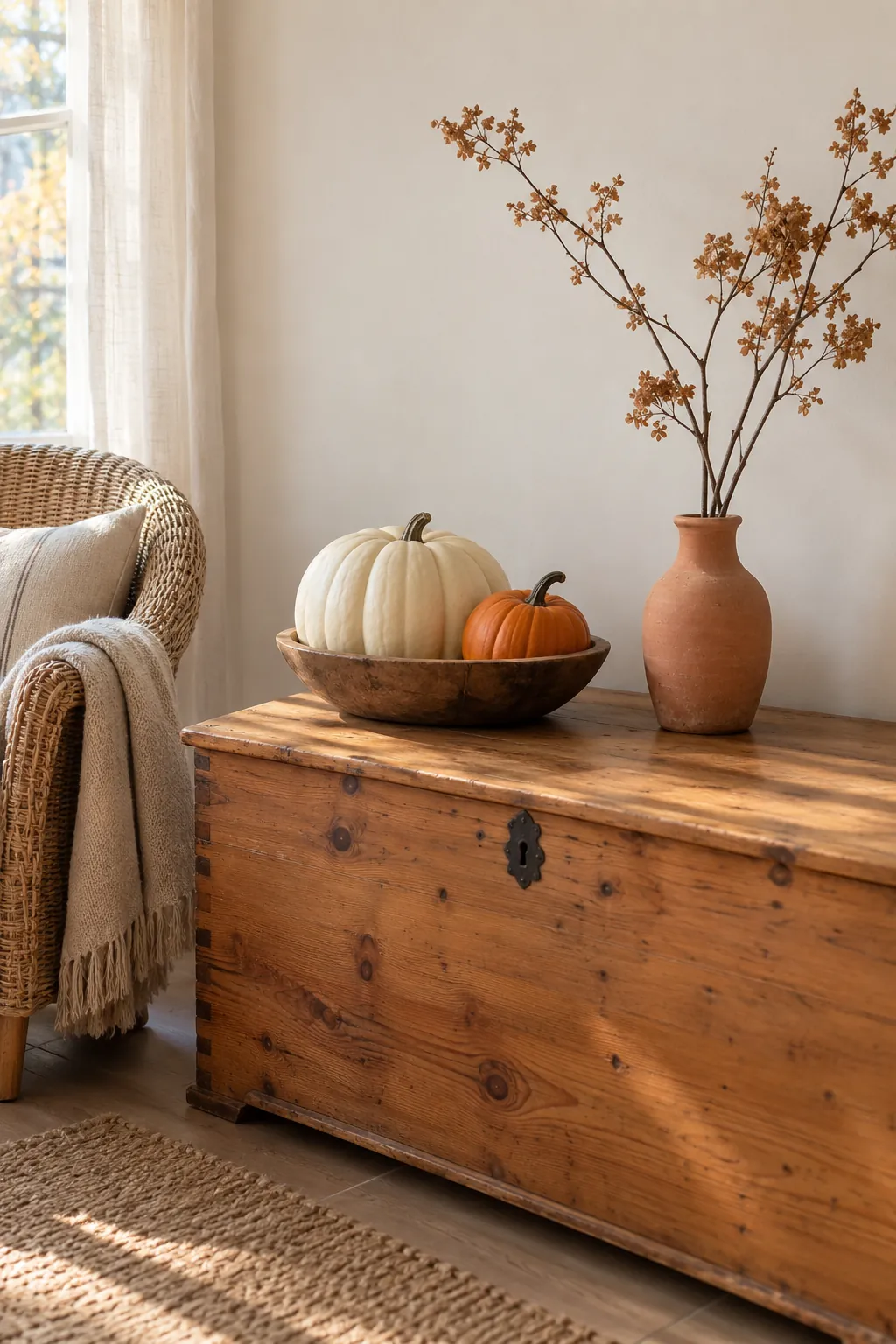 Natural pumpkins in a wooden bowl on a pine chest in a sunroom
