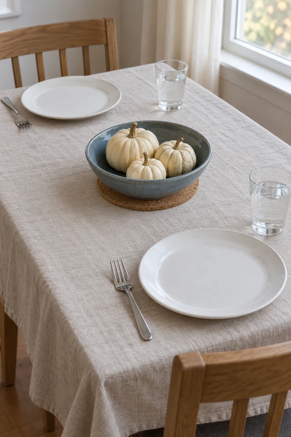Low pumpkin centerpiece in a ceramic bowl on a linen dining table