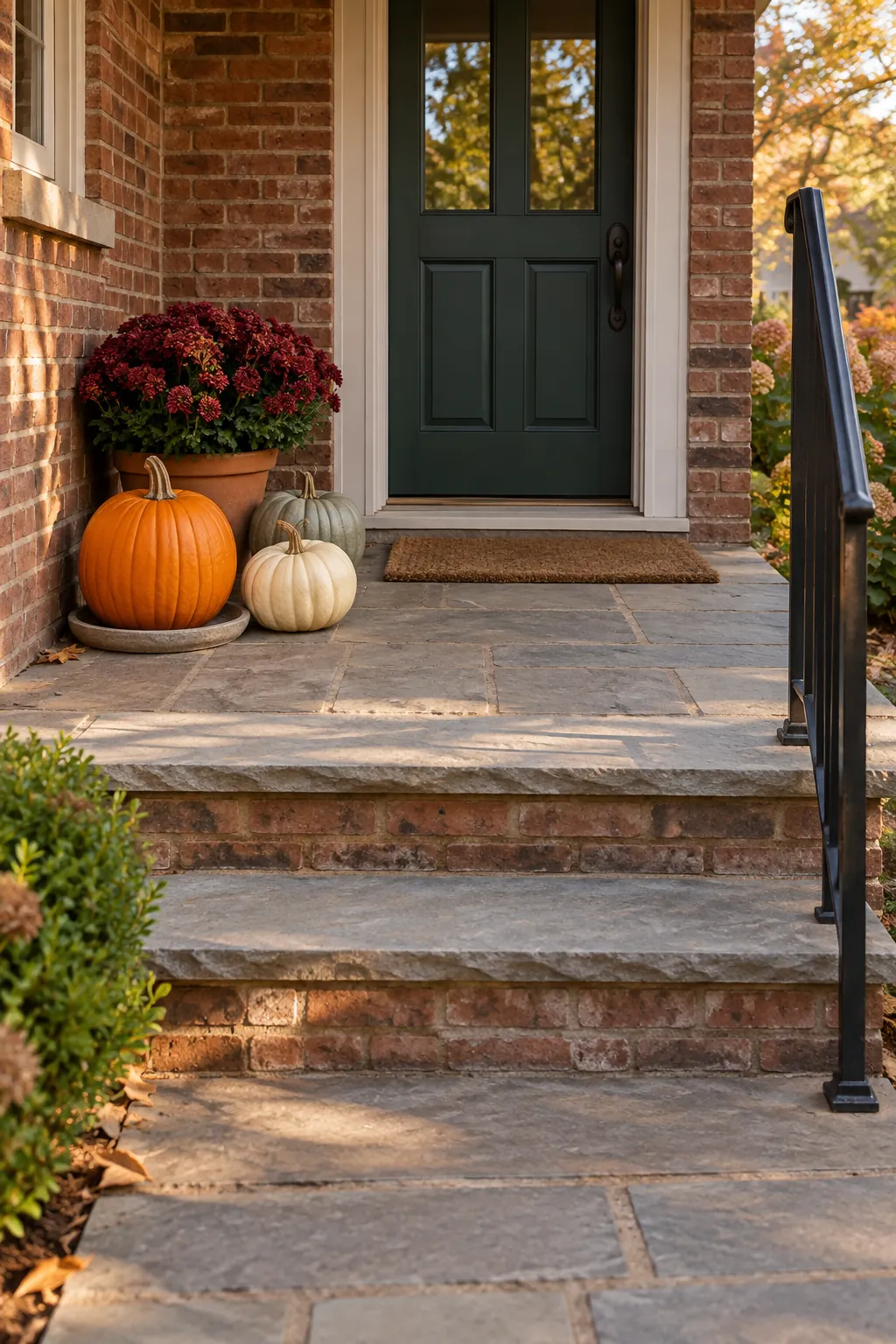 Pumpkins and mums beside a porch door with the walking route clear