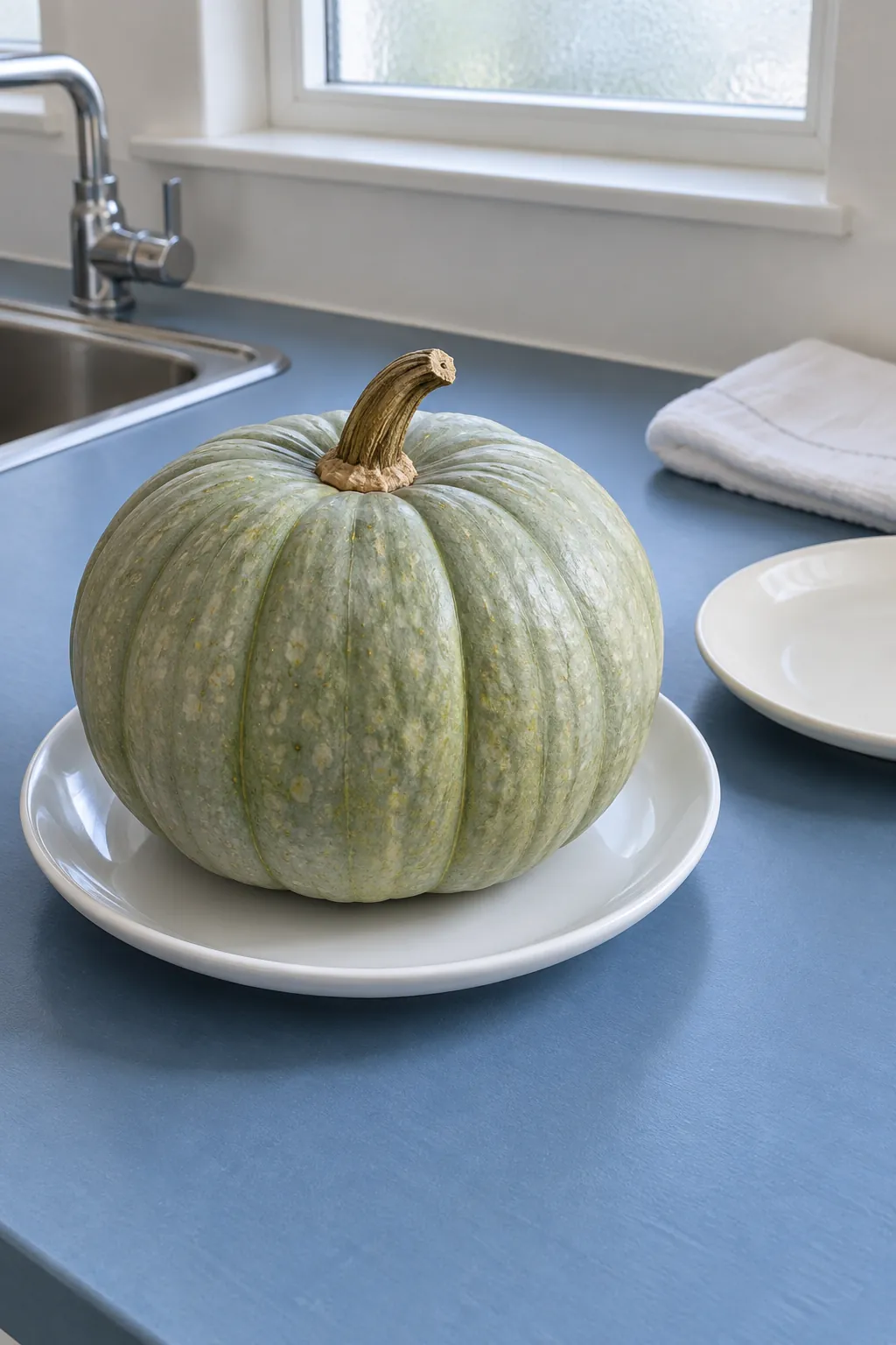 Pumpkin on a washable saucer beside a spare plate for easy inspection