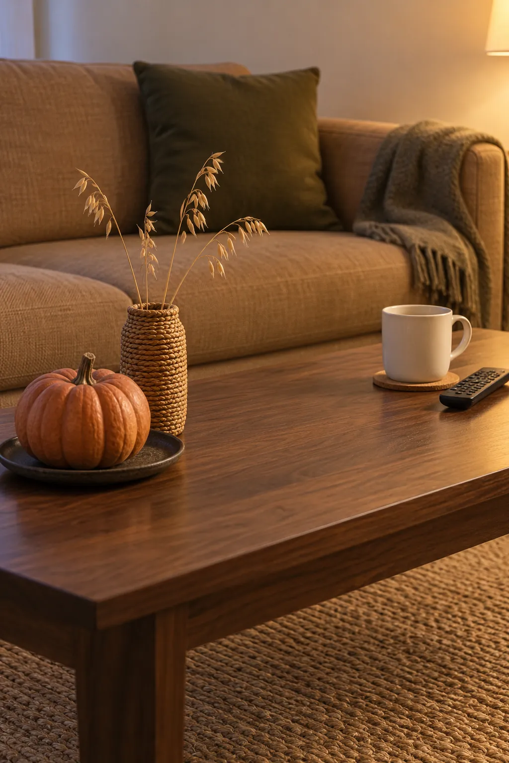 Small pumpkin and woven textures on a practical coffee table