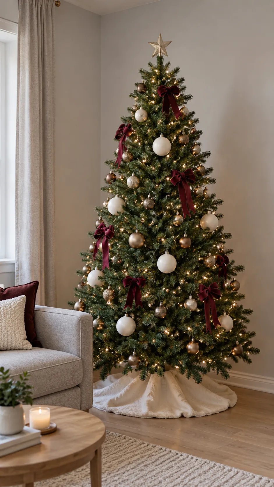 Modest artificial Christmas tree with shaped branches ribbon and layered ornaments