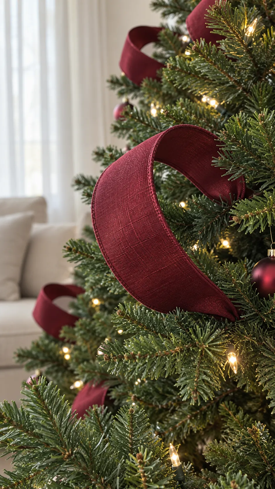 Loose ribbon loops filling a Christmas tree gap