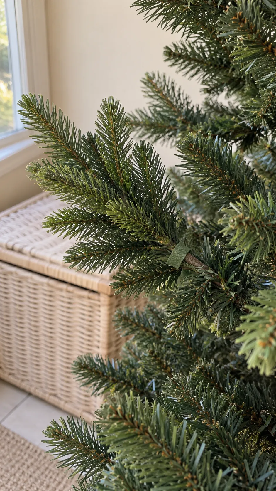 Faux evergreen pick secured within a Christmas tree opening