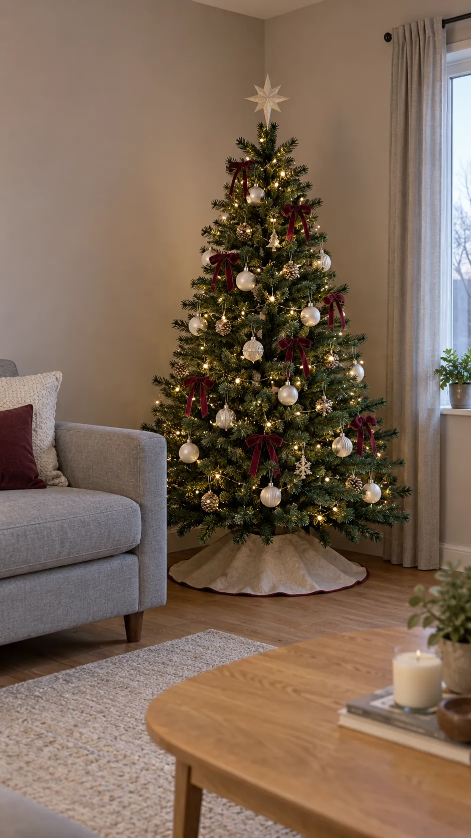 Artificial tree positioned against a quiet wall in a small living room